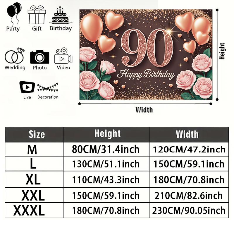 Red 90th Floral Birthday Backdrop 1pc - Polyester Party Decor