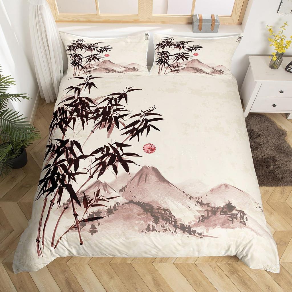 White Crane Down Duvet Cover Queen King Size Wild Bird Animal Bedding Set Ink Painting Quilt Cover Trees Branches Plants 3 Pcs