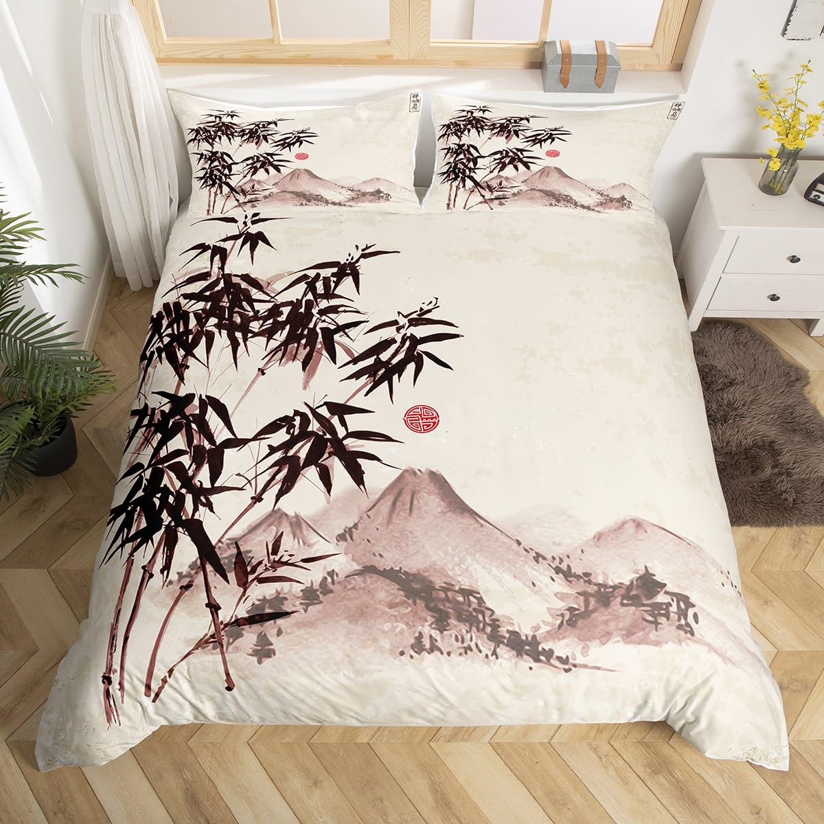 

White Crane Down Duvet Cover Queen King Size Wild Bird Animal Bedding Set Ink Painting Quilt Cover Trees Branches Plants 3 Pcs AU Single(140*210cm)3pcs