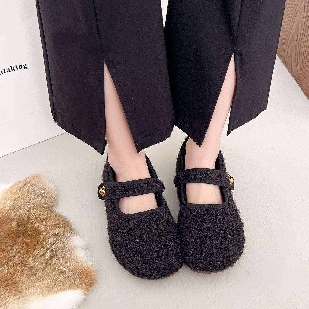 Autumn and winter Mary Jane fluffy shoes women's gray velvet thickened non-slip flat shoes French retro gentle cotton shoes