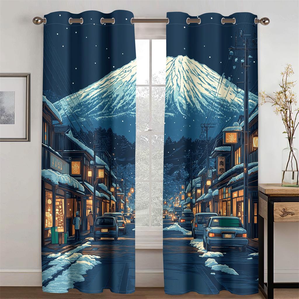 Klassischer Cartoon Berg Fuji Vorhang Schnee Straßen Atmosphäre 2 Paneele Wohnzimmer Schlafzimmer Küche Balkon Fensterdeko