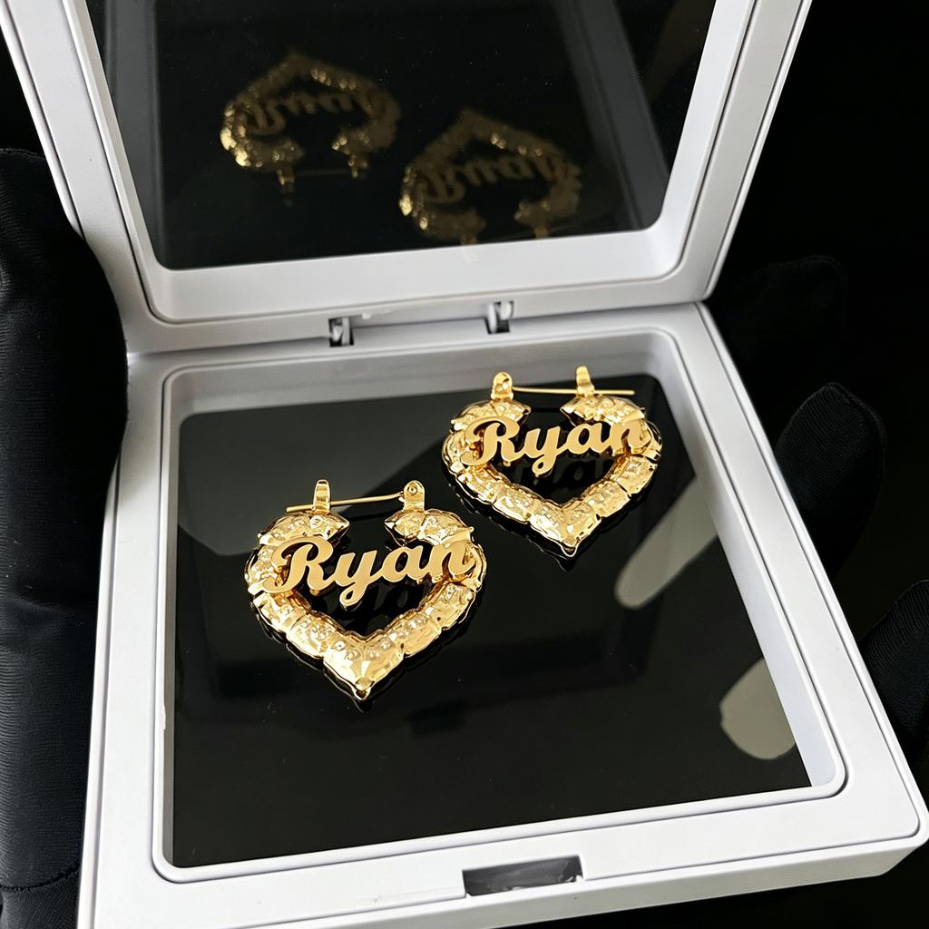 Personalized 18k Gold Plated Name Bamboo Hoop Earrings Stainless Steel 30mm 50mm 70mm 90mm Custom Heart Hoops Party DIY Gift