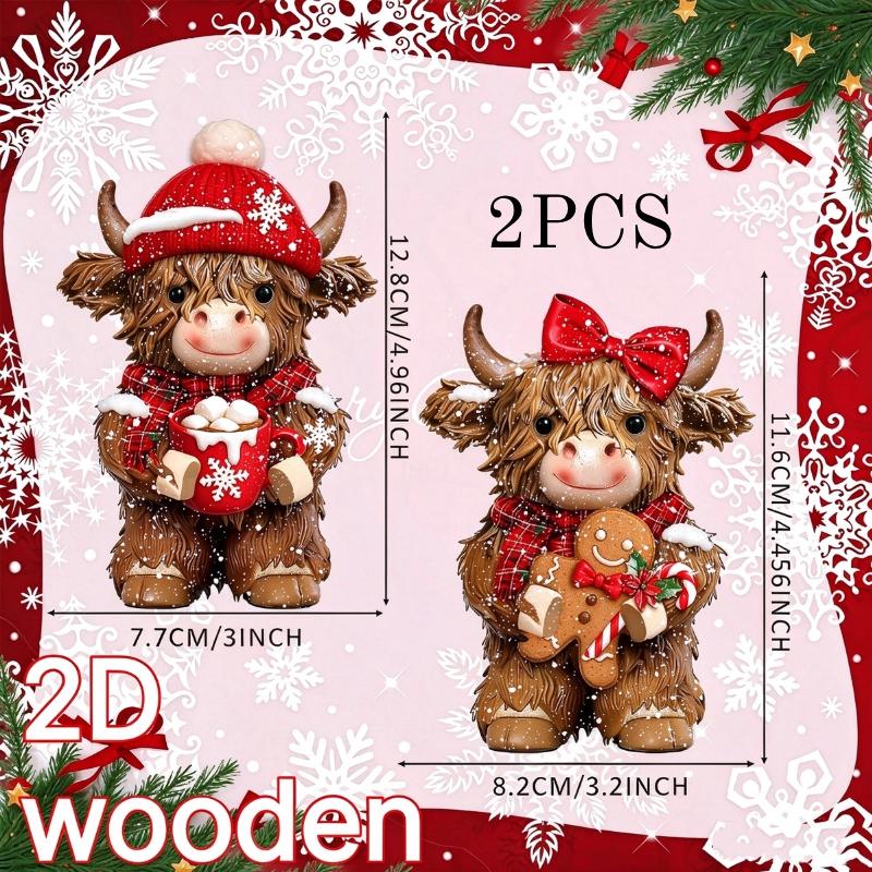 2Pcs 2D Flat Wooden Newspaper-Reading Cows Highland Cow Decorative Ornaments For Home Bedrooms Entryways Bookshelf Display
