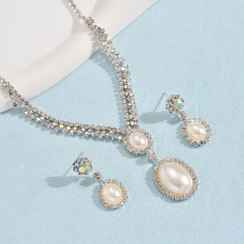 Elegant Crystal-Embellished Pearl Drop Necklace Earrings Set Women Silver-Tone Waterdrop Design Formal Occasion Jewelry