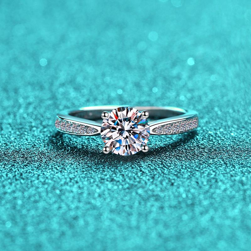 

925 Silver Four-Prong Diamond Moissanite Wedding Ring for Women, Micro-Pave Band with Eight Hearts and Arrows, 1/2 Carat, Hong Kong Size 12