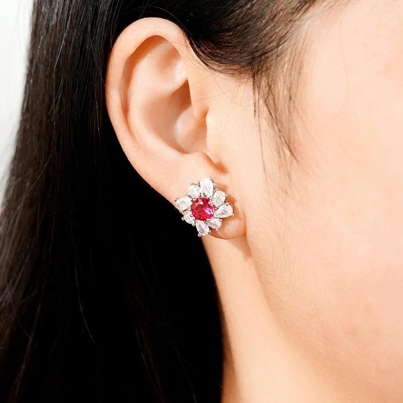Flower shaped inlaid with red zircon earrings, fashionable and personalized, suitable for attending banquets with accessories
