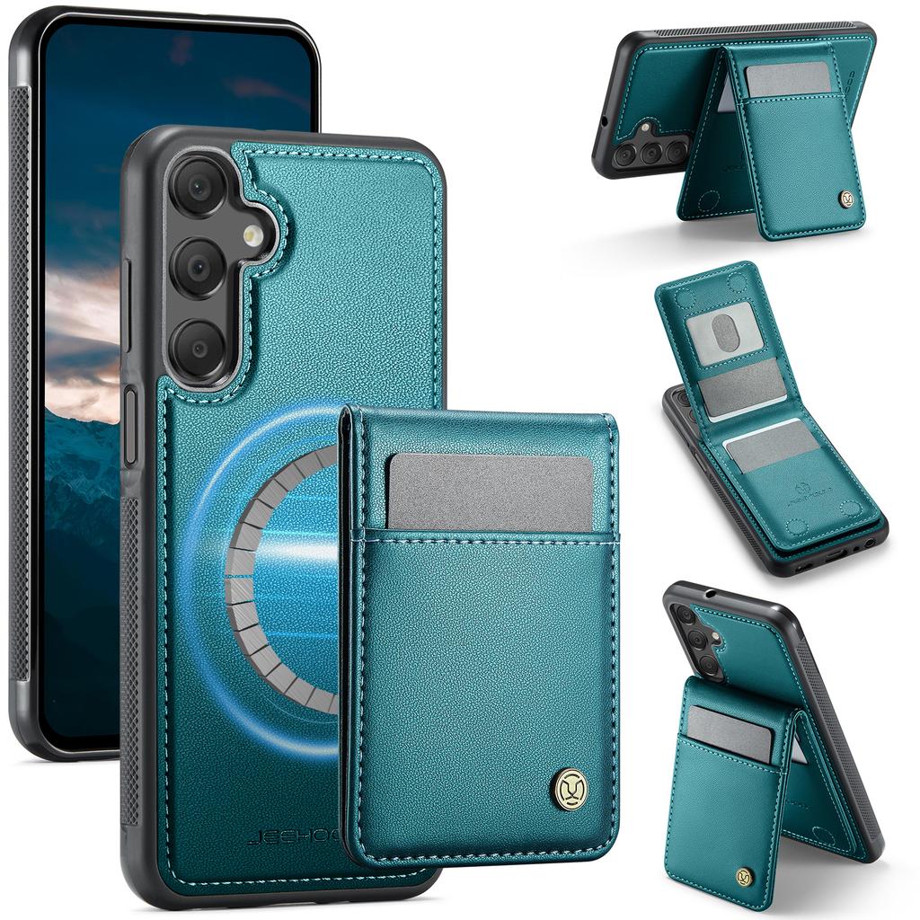 For Samsung Galaxy A15 5G/Galaxy A15 4G Leather Back Cover Compatible with MagSafe JEEHOOD J06 Phone Case with Card Bag RFID Blocking