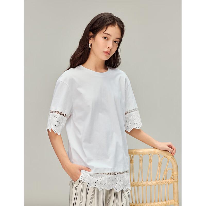 INMAN Women's Embroidered Lace Patchwork Five-Point Sleeve T-shirt