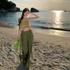 Yunnan Sanya Tourism Bohemian Wind Green Plaid High Waist Wide Leg Pants Seaside Vacation Tassel Suspender Set