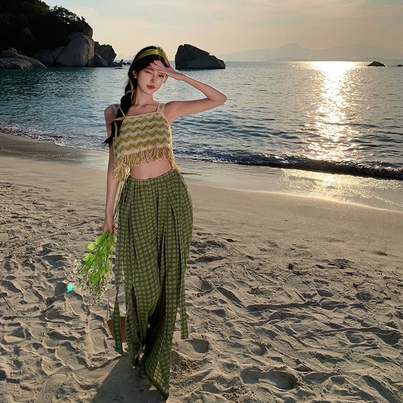 Yunnan Sanya Tourism Bohemian Wind Green Plaid High Waist Wide Leg Pants Seaside Vacation Tassel Suspender Set