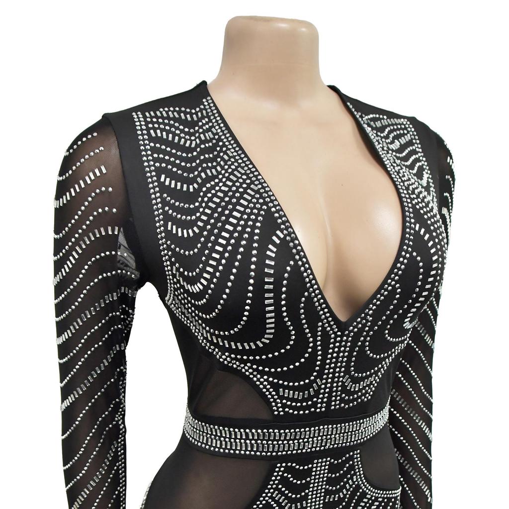 Women's Fashion Solid Color Mesh Long Skirt Dress with Hot Drilling