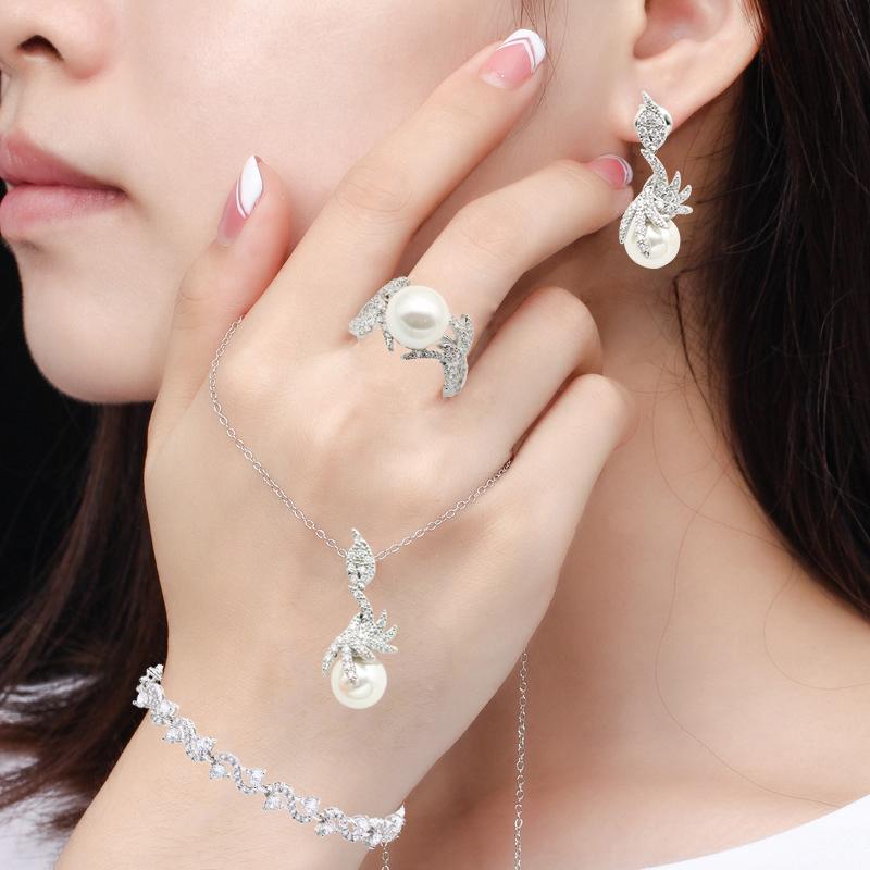 Weiß Perle Farbe Hochzeitsschmuck Sets Für Frauen Ohrringe Halskette Anhänger Ring Zirkonia Armband Geburtstagsgeschenk