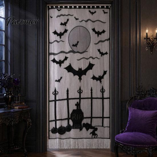 Dark Halloween Decorations Door Curtain, Lace Spider Web Fireplace Cover, Scary Skeleton Witch Sexy Table Cover Bat Print Window Drapes for