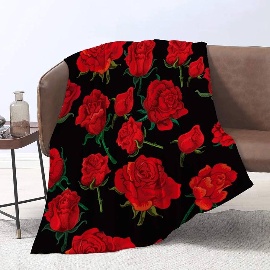 Red Roses Water Droplets Flannel Throw Blanket Valentine's Day Gift for Girls Women King Queen Size for Couch Sofa Living Room