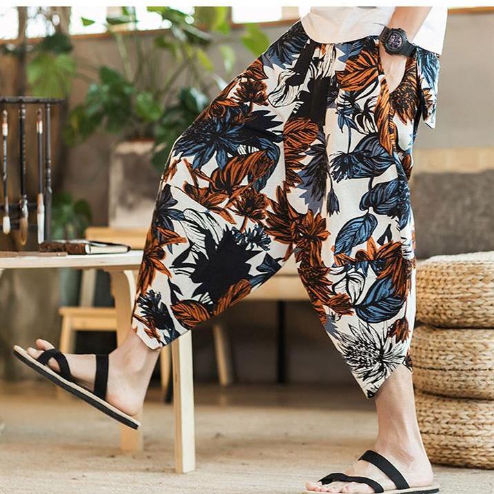 Atmungsaktive Herren-Caprihose aus Leinen mit elastischer Taille, lockere Strandshorts