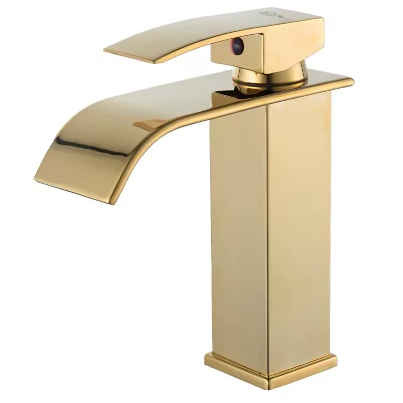 Single-Hole Stainless Steel Polished Modern Square Design Single Handle Deck Bathroom Ceramic Valve Core Waterfall Basin Mixer