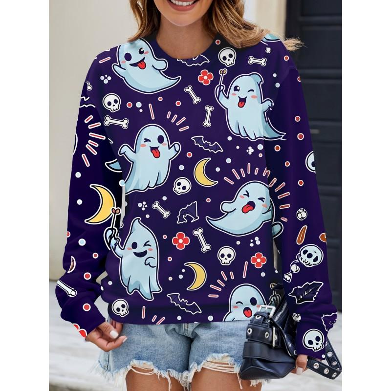 Womens Casual Hoodie With 3D Halloween Print Round Neck Lightweight Breathable Fabric