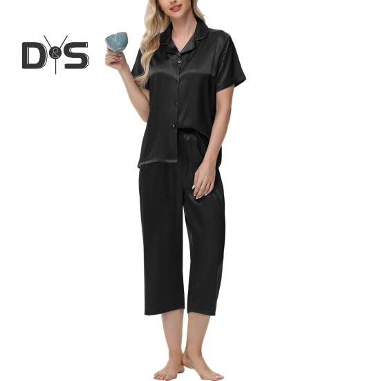 2-teiliges Set aus Seidenpyjama mit Revers und Button-Down-Langarmhemd, elastischer Bund, weites Bein, verkürzte Hose, Homewear, lässiges Outfit, Frühlingsnachtwäsche