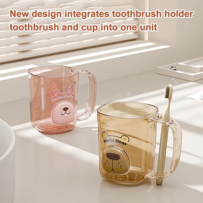 Copo para Enxaguante Bucal com Cabo Antiderrapante Boca Redonda Lisa Corpo Transparente Design de Coelho Urso Copo para Banheiro com Fenda para Escova de Dentes