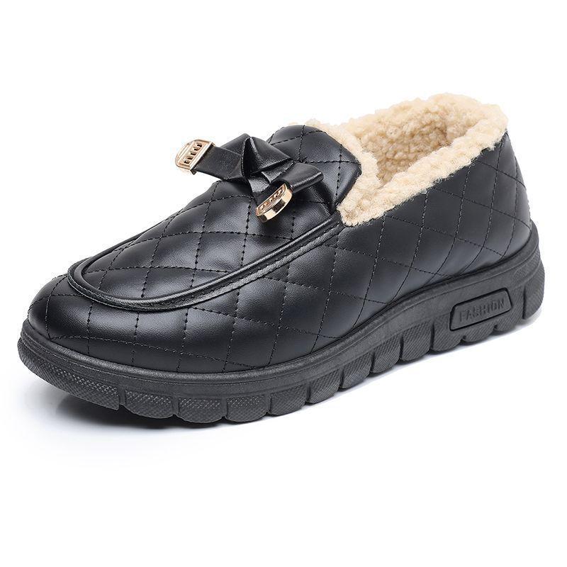 Women's Winter Non-Slip Velvet-Lined Leather Bean Cotton Shoes - Soft Sole, Waterproof, Warm, for Walking