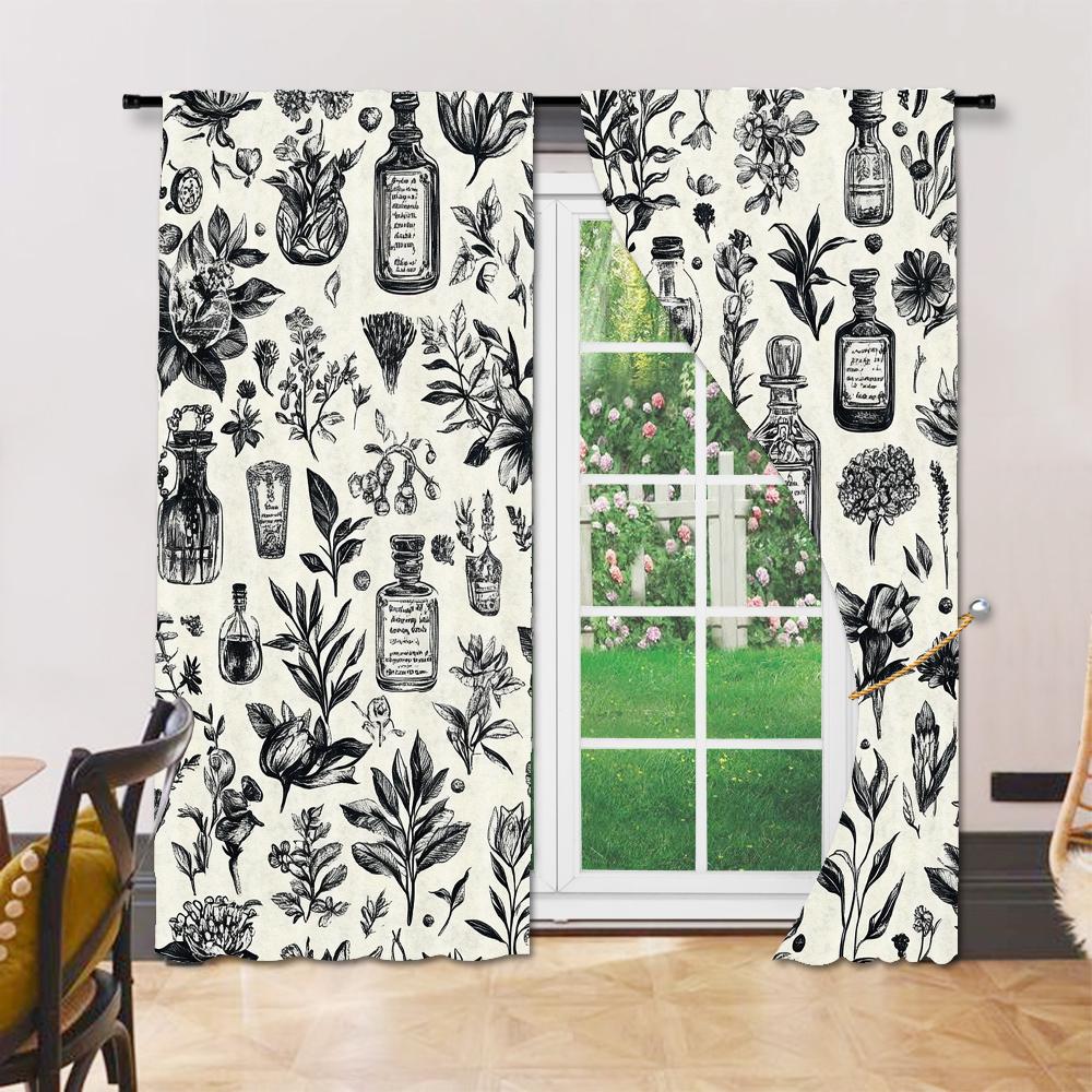Set Of 2 Versatile Polyester Transparent Curtains Home Decoration Black White Floral Pattern Use Bedrooms Made Bedroom Window Treatment