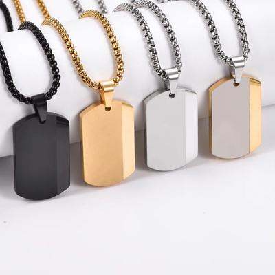 Blank Tag Men's Pendant Necklaces Stainless Steel Chain Necklace Square Pendant  For Men and Women