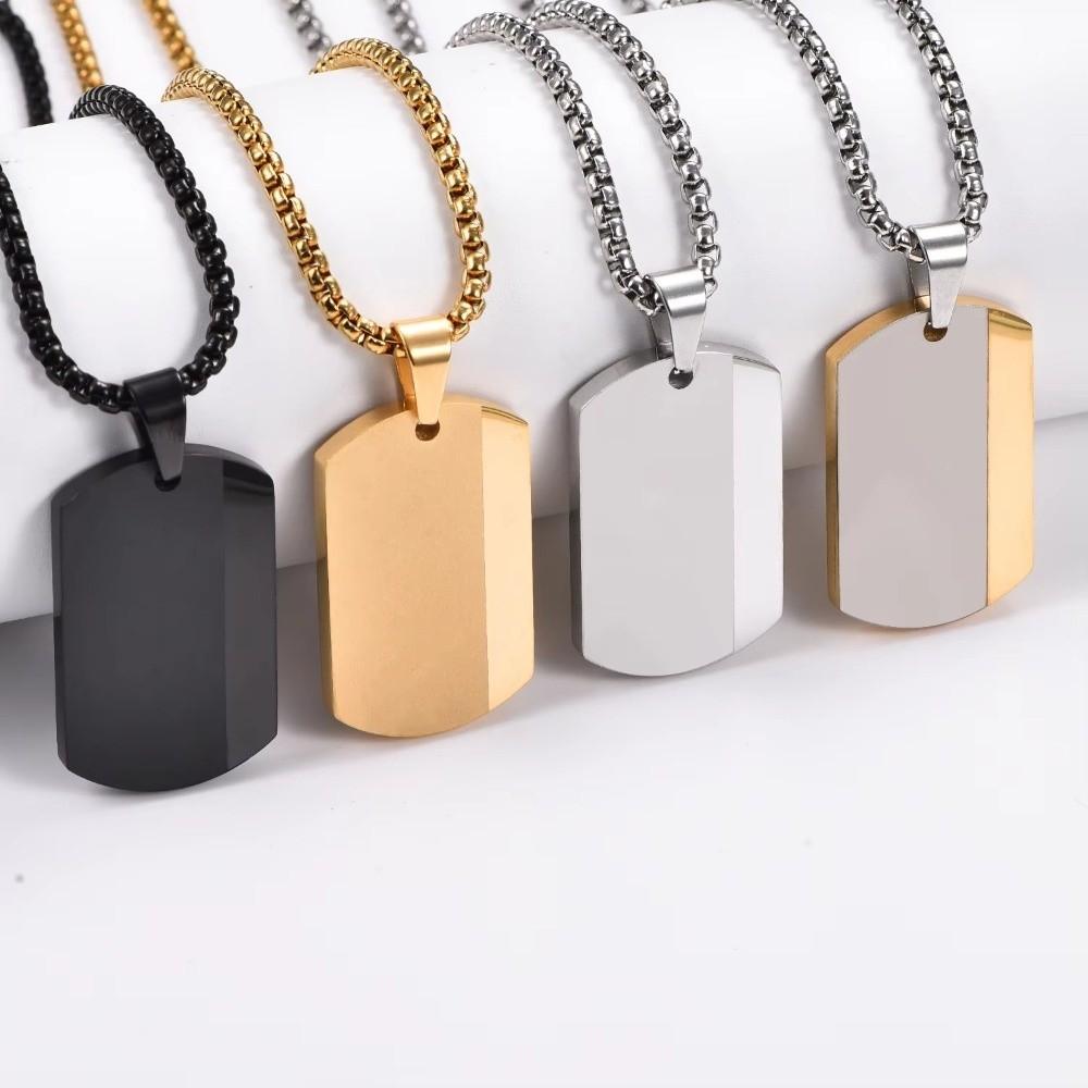Blank Tag Men's Pendant Necklaces Stainless Steel Chain Necklace Square Pendant For Men and Women