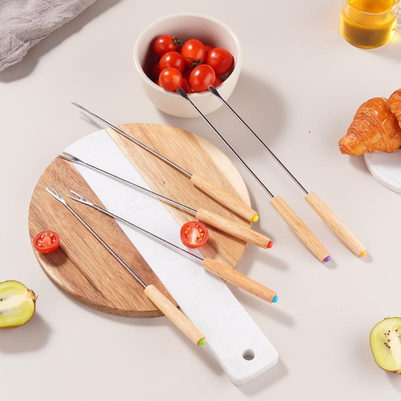 6 Pcs Fondue Fork Grilling Set Muddler Reusable Fruit Forks Bbq Fork Dipping Plastic/Wood + Stainless Steel For Cocktails Set