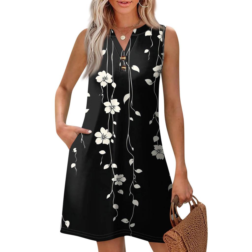 Women's Fashion Casual Printed V-Neck Button With Pocket Vest Sleeveless Dresses