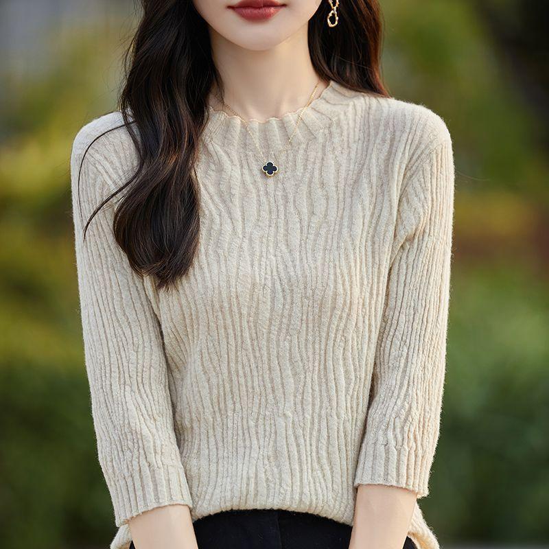 Women Boat Neck Knit Sweater Three Quarter Sleeve Textured Loose Casual Pullover Tops