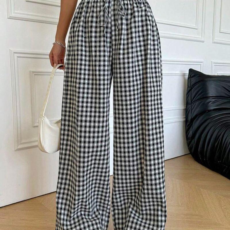 Summer Women Retro Plaid Pants Women clothes Pants Thin High Waist Drape Walking Pants Casual Straight Wide Leg Pants