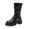 British Style Belt Buckle Medium Boots 2025 Autumn and Winter New Round Head Thick Heel Martin Boots Women's Western Knight Boots