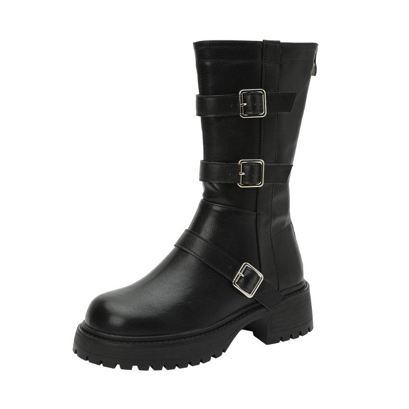 British Style Belt Buckle Medium Boots 2025 Autumn and Winter New Round Head Thick Heel Martin Boots Women's Western Knight Boots