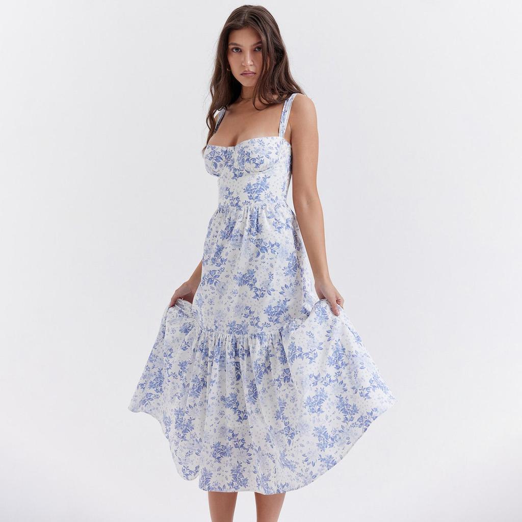 Ärmelloses Sommerkleid für Damen mit Neckholder-Print, quadratischem Ausschnitt, plissiertem Knöchellang