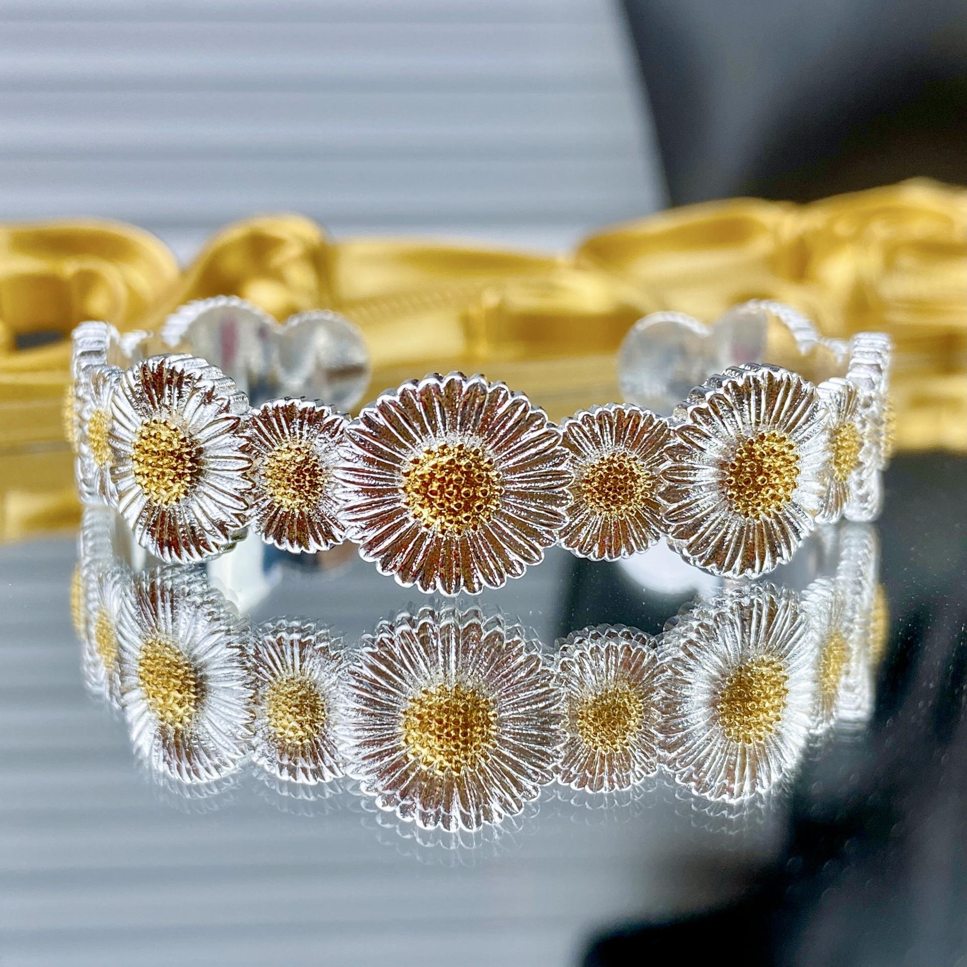 2026 Hand-drawn Craft Retro Lace Bracelet, Daisy Palace Style Plated 925 Silver Bracelet Resizable
