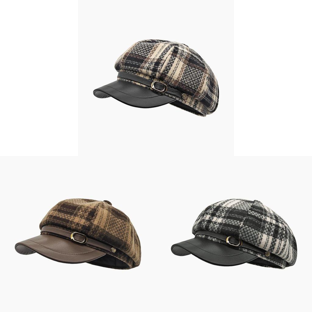British Style Wool Blend Plaid Newsboy Cap With Wide Brim For Cold Weather Fashion