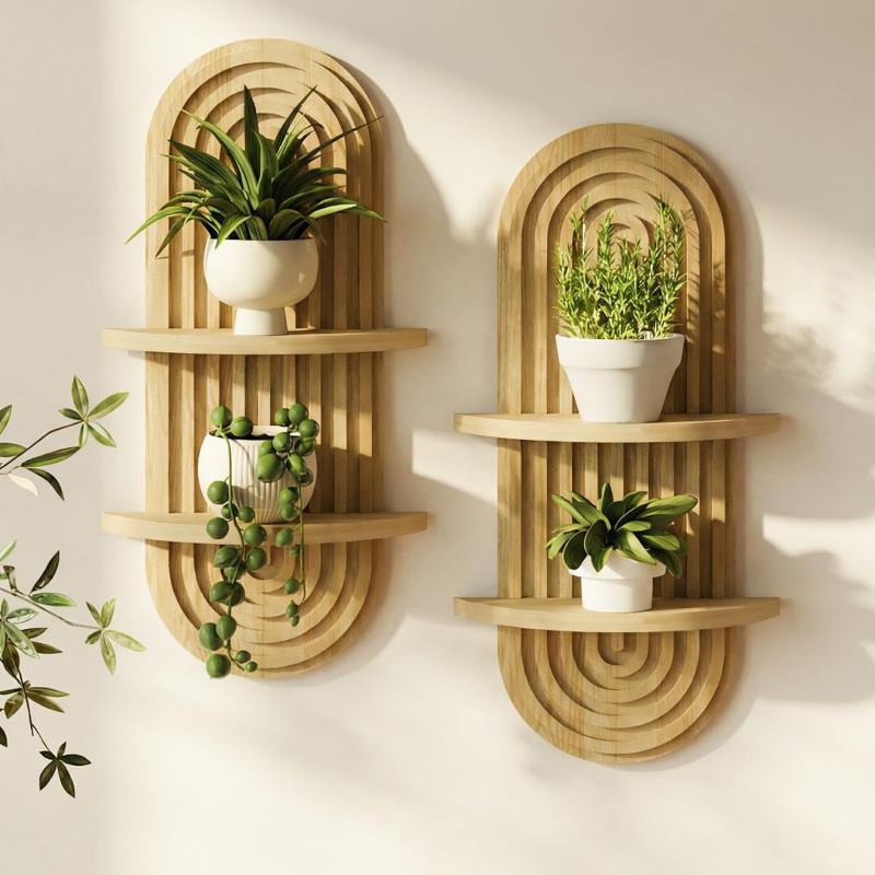 Scaffale da Parete in Legno a Doppio Strato Stile Boho Chic per Ambienti Domestici Eleganti