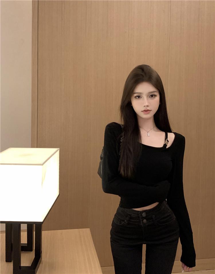 2025 Women's Slimming Solid Color Long Sleeve Cropped Top - Korean Simple Design for Autumn