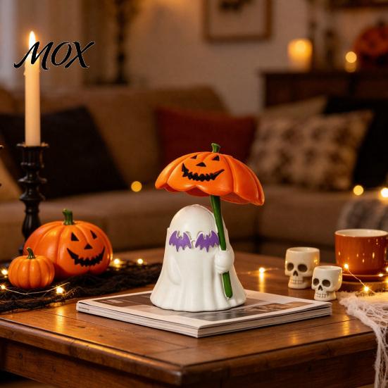 Festive Window Sill Decor Halloween Ghost Figurine with Pumpkin Umbrella And Bat Eyeglasses, Indoor Holiday Display Creative Statue for Party Desktop