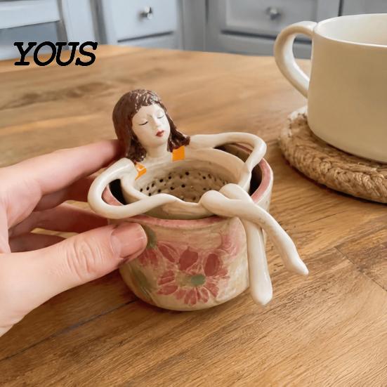 Unique Tea Steeper for Loose Bathing Girl Infuser Leaf Tea, Fine Mesh Strainer, Creative Resin Compact Office Sitting Figure Filter Cups and