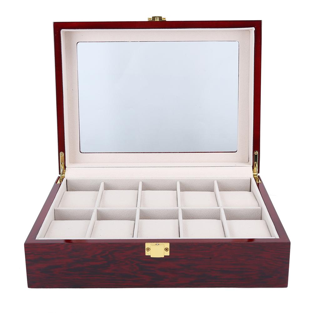 Wooden 10 Grid Watch Display Box Transparent Window Watch Storage Box (Red)