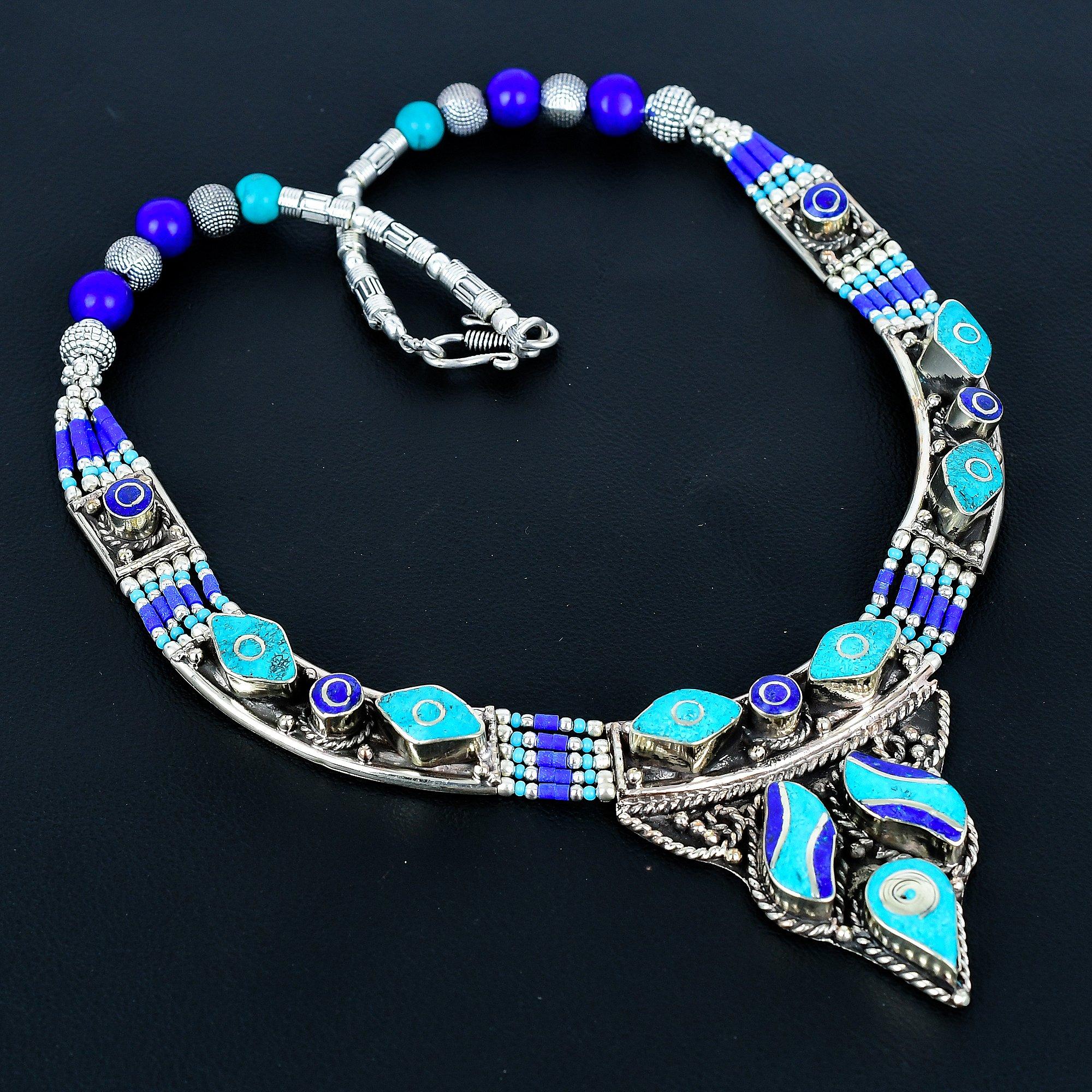 

Бирюза, Лазурит Ожерелье из стерлингового серебра 925 пробы Ожерелье из тибетского серебра Богемное антикварное ожерелье Ювелирные изделия ручной работы Непальское ожерелье Подарок для жены 20 синий