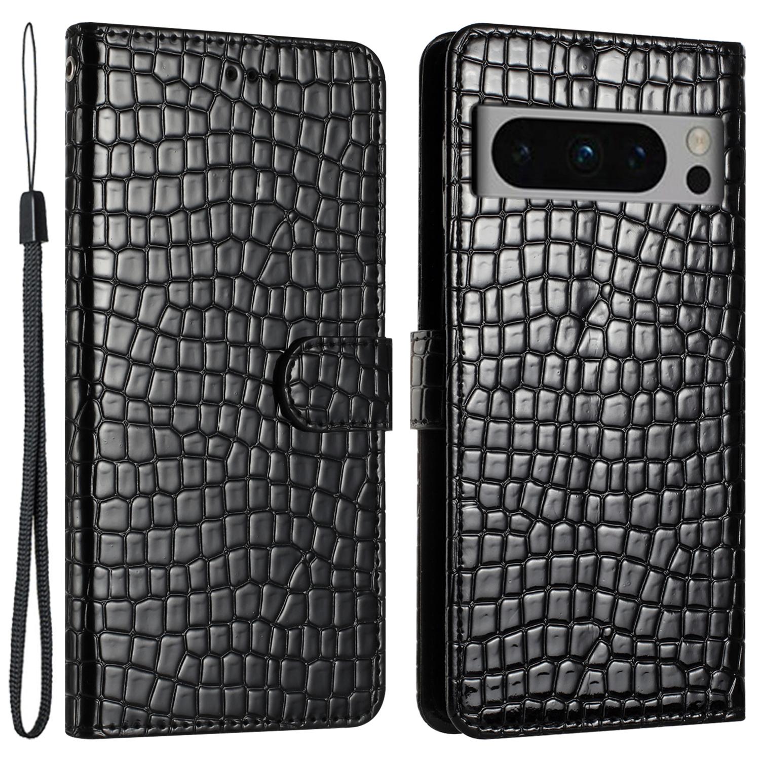 

For Google Pixel 8 Pro Crocodile Texture Scratch Proof Leather Stand Cover Wallet Design Phone Case with Strap Black