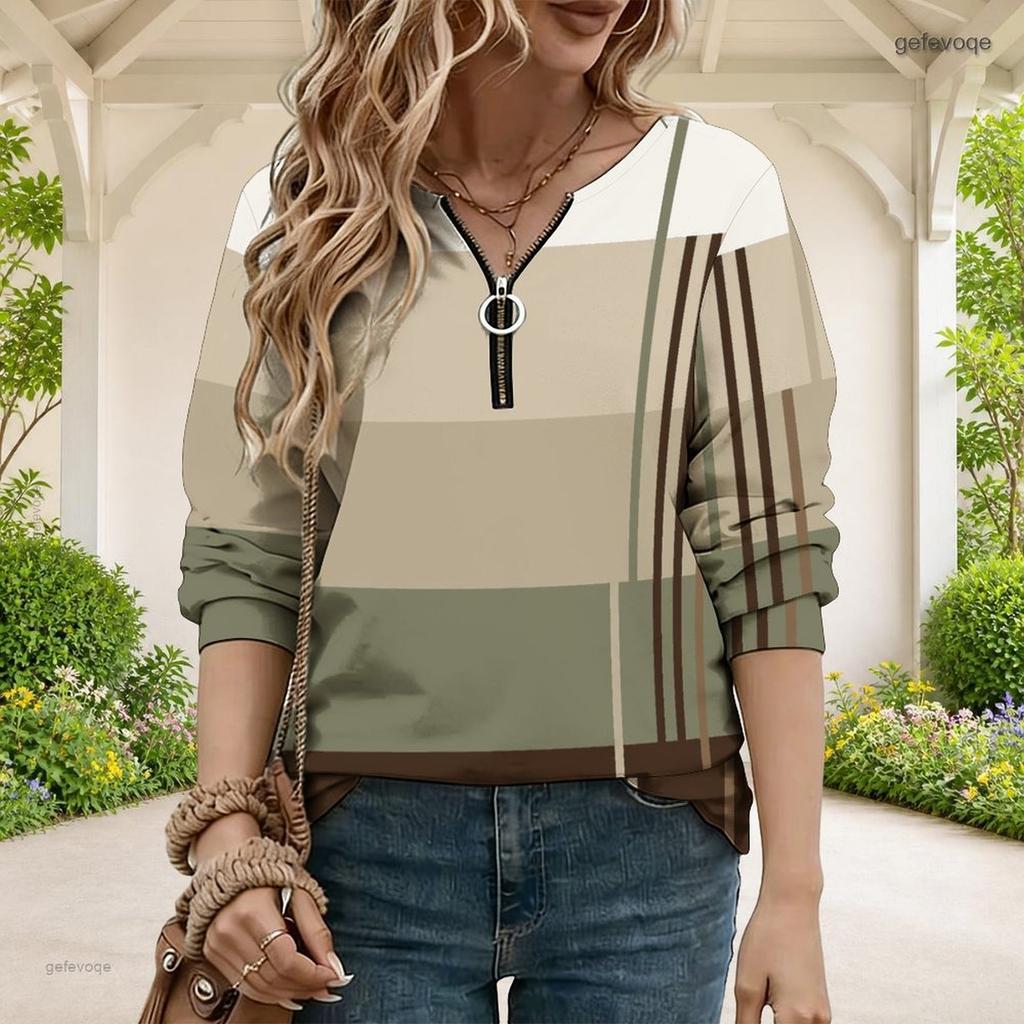 Women Plus Size V Neck Front Zip Long Sleeve Geometric Printed Sweatshirt Off White Black Orange