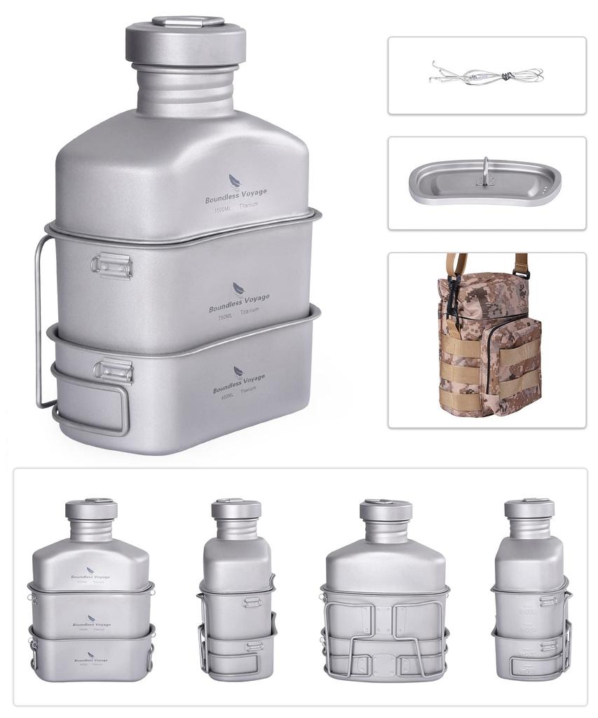 Boundless Voyage Titanium Military Canteen Titanium Canteen Meal Cooker Set Mess Kit Matte 3 Piece Set (400ml+750ml+1100ml Ti2049C)