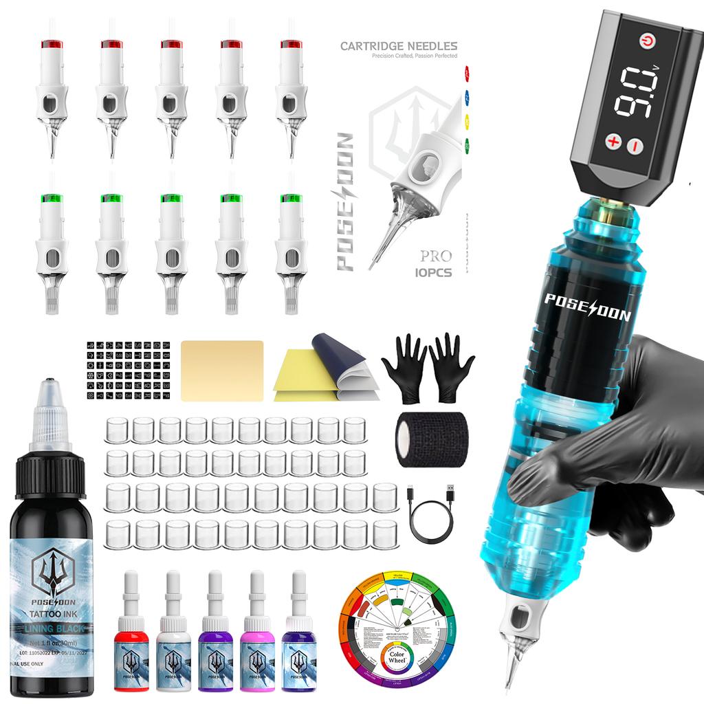 POSEIDON Tattoo-Kit V6 Tattoo-Nadeln Tattoo-Stift-Kit Für Permanent-Make-up Tattoo-Maschinen-Kit Heißes Kabelloses Tattoo-Netzteil