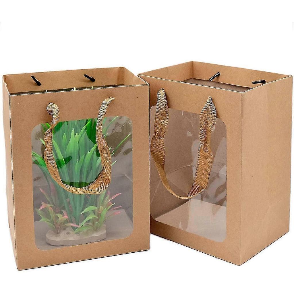 10pcs Gift Boxes With Clear Lids, Cowhide Color Kraft Paper Gift Bags With Handles,Transparent Window Bag Teacher'S Day Flowers Gift Bag