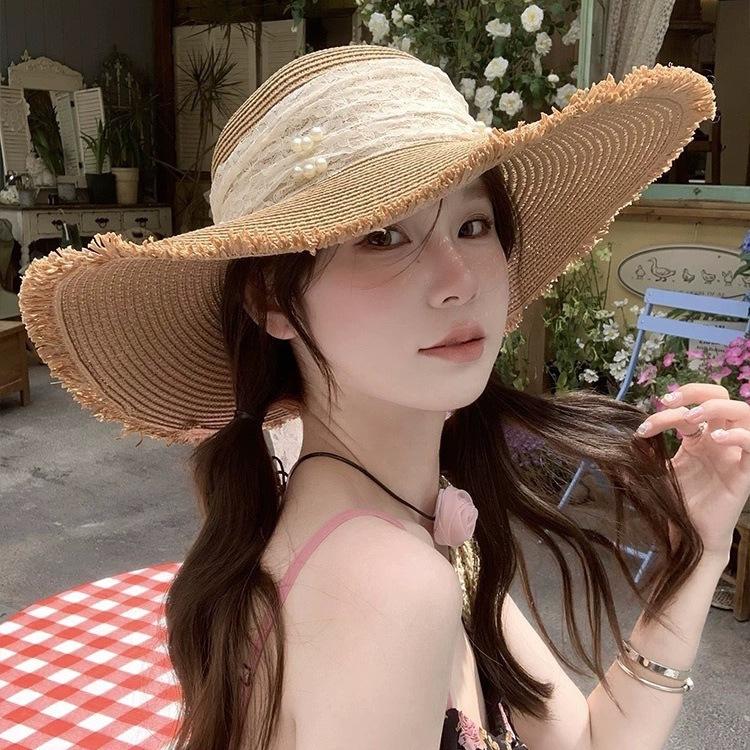 Internet celebrity sweet woven straw hat women's summer French seaside vacation sun hat big brim shading sun protection hat