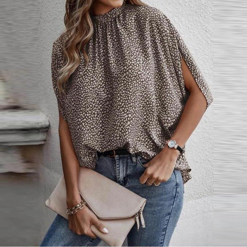 Koszule damskie 2023 Lato Casual Jednolity kolor i nadruk Bluzka Moda Podzielone Krótkie rękawy Bluzki Okrągły kołnierz Ubrania 26305