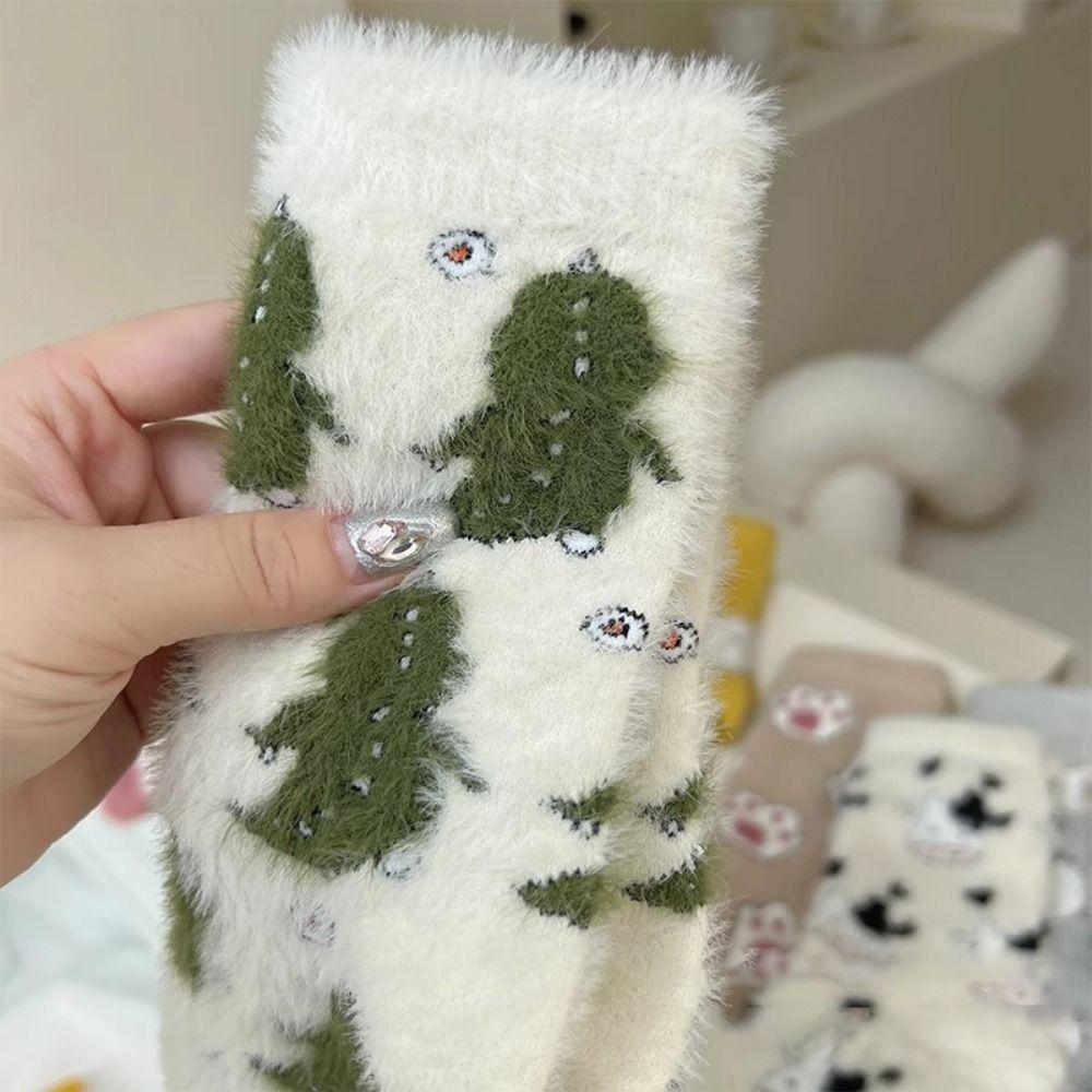 Cow Spots Dinosaur Velvet Socks Sweat Absorption Sleep Boot Socks  Sleep Use